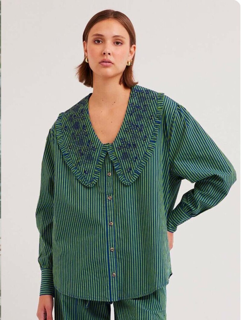 Damson Madder Fontaine Blouse Size 12 Blue Green Stripe Oversized Collar Cotton